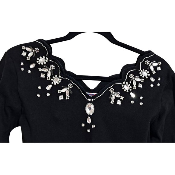 Y2K Bejeweled Bodysuit Womens M Black Long Sleeve Scalloped Neck & Snap Closure - Picture 4 of 8